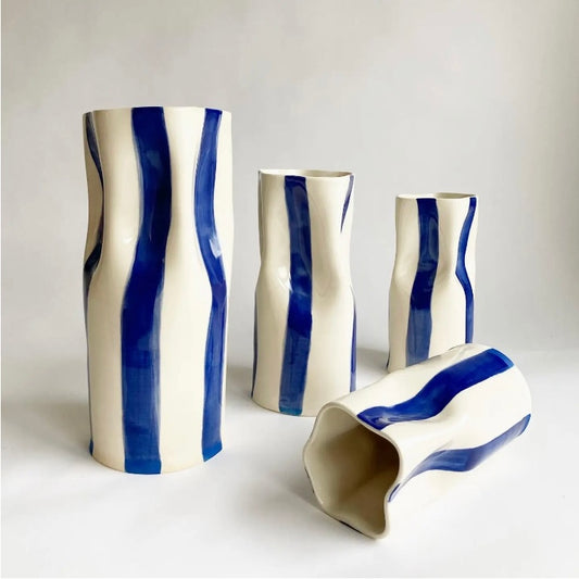 Striped Paper Bag Ceramic Vase in Sea